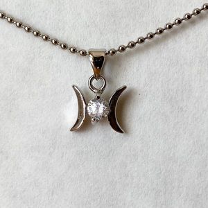 Silver Crescent Moon Jeweled Dainty Necklace
